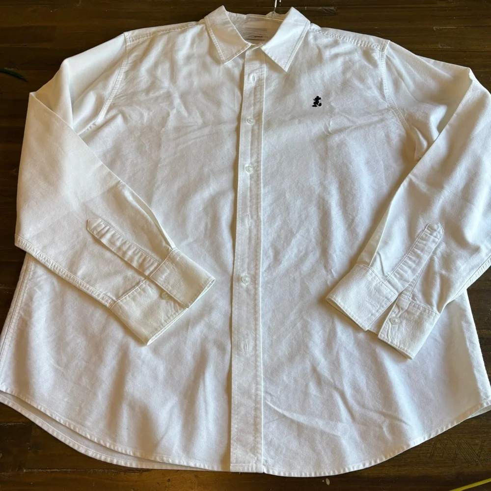 Vintage Disney Store Mickey Chest Logo Long Sleeve Button Down White Cotton Flaw
